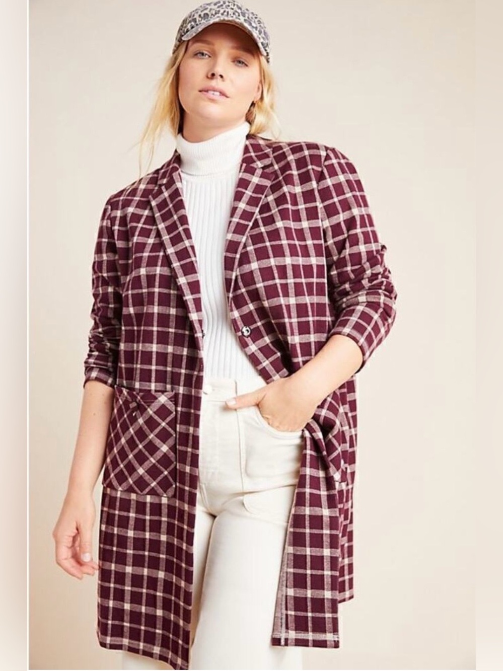Anthropologie Harlyn Graham Longline Plaid Blazer Coat Sz S Burgundy